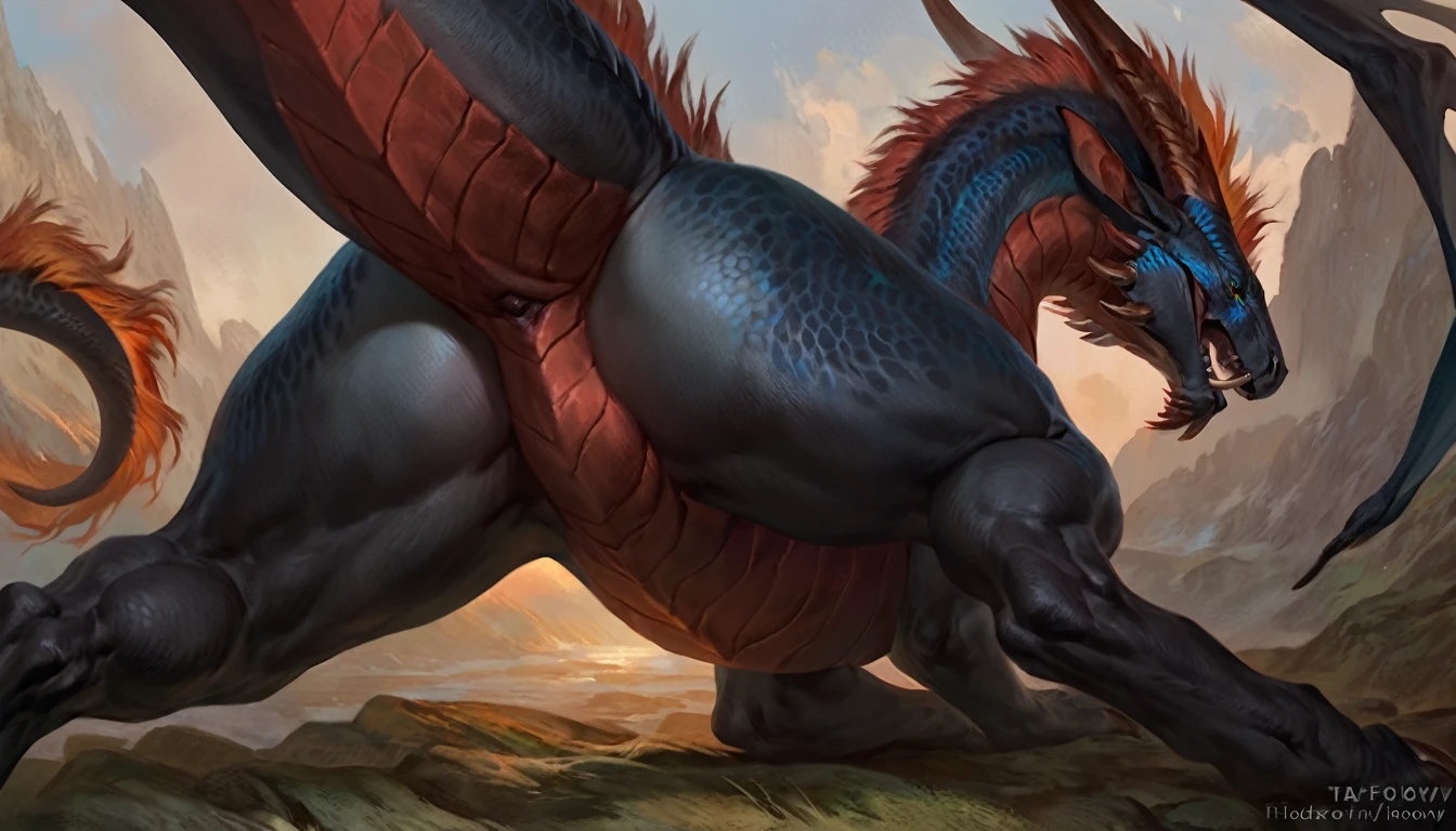 8k, fine details, a beautiful and detailed portrait of a huge male feral dragon, wings, black penis, dragon tail, kenket, Ross Tran,ruan jia, trending on artstation,foxovh, cenematic lighting, vip, body, full body, wet, lookin at viewer, big body, muscular anthro, big pecs, stable, all four, side view, close up view, precum, puddle, big penis, big balls, black body, red skin, cinematic view
