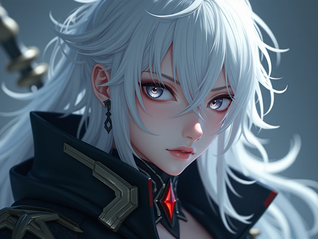 1girl, white hair, red eyes, short hair, blue dress, black details, golden details, red details, blood mark on the face, sadistic expression, Assassin, hemomancer, blood scythe, arte de anime digital detalhada, anime fantasy illustration, arte de anime digital, Digital anime illustration, anime-style illustration, perfect eyes, realistic eyes, Beautiful eyes, beautiful lighting, warm ilumination, Film shooting
