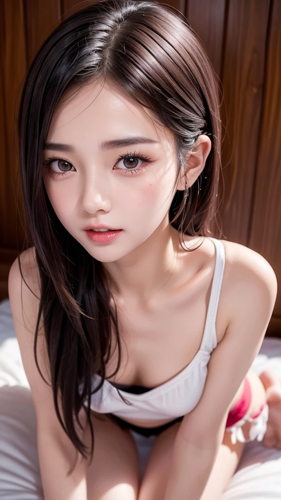 ((top quality, 8k, masterpiece: 1.3)), women (full body portrait, front, doll wearing, wet clothes, big breasts, cleavage, in the hotel, on the bed), overhead camera, sharp focus: 1.2, cute women: 1.4, (((hairstyle random)), wet hair, very detailed face and skin and hair texture, detailed eyes, double eyelids, white skin, beautiful delicate nose, Cute young Japan woman, 28 years old, at a dynamic angle, is pleasing to the eye and suggestive composition, emphasizing the subject's hair, eyes, mouth and action, while exuding melancholy emotions characterized by a contrasting mix of muted tones and light and shadow,tropical beach, swimsuit, sexy pose