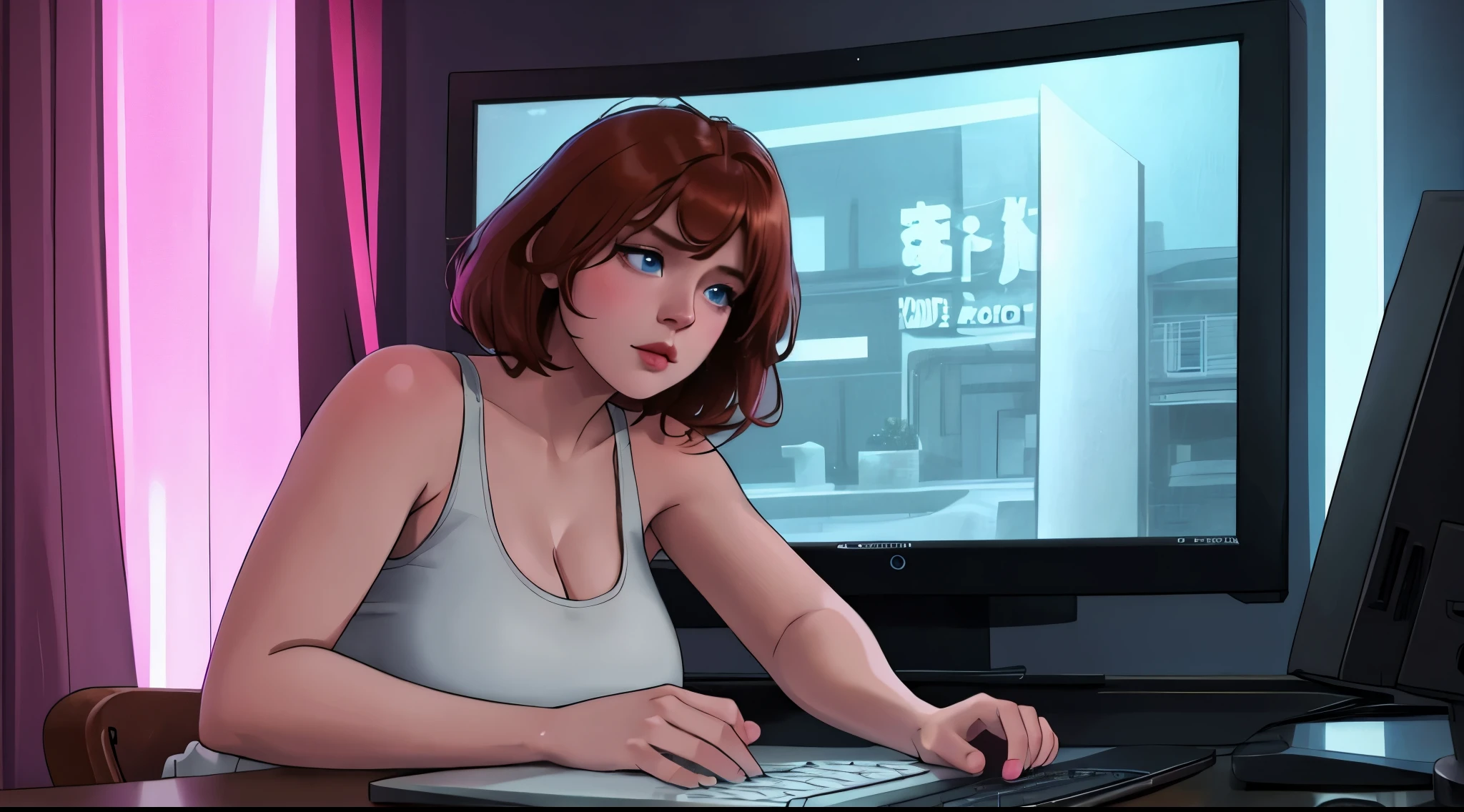 A rat woman, playing Dead By Daylight on a gaming computer