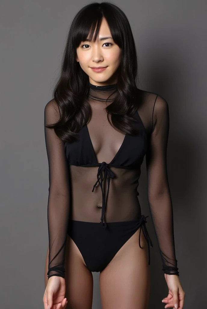 8k, RAW Photo, Best Quality, Masterpiece:1.2),(Realistic, photo-realistic:1.37), Super Detail, She is wearing tight thin fitting transparent black long sleeve turtleneck , no pants, transparent black pantyhose, cinematic lighting, ecstacy face, monotone background, facing front, smiling, portrait, dressed up to the belly button, dressed up to the neck
