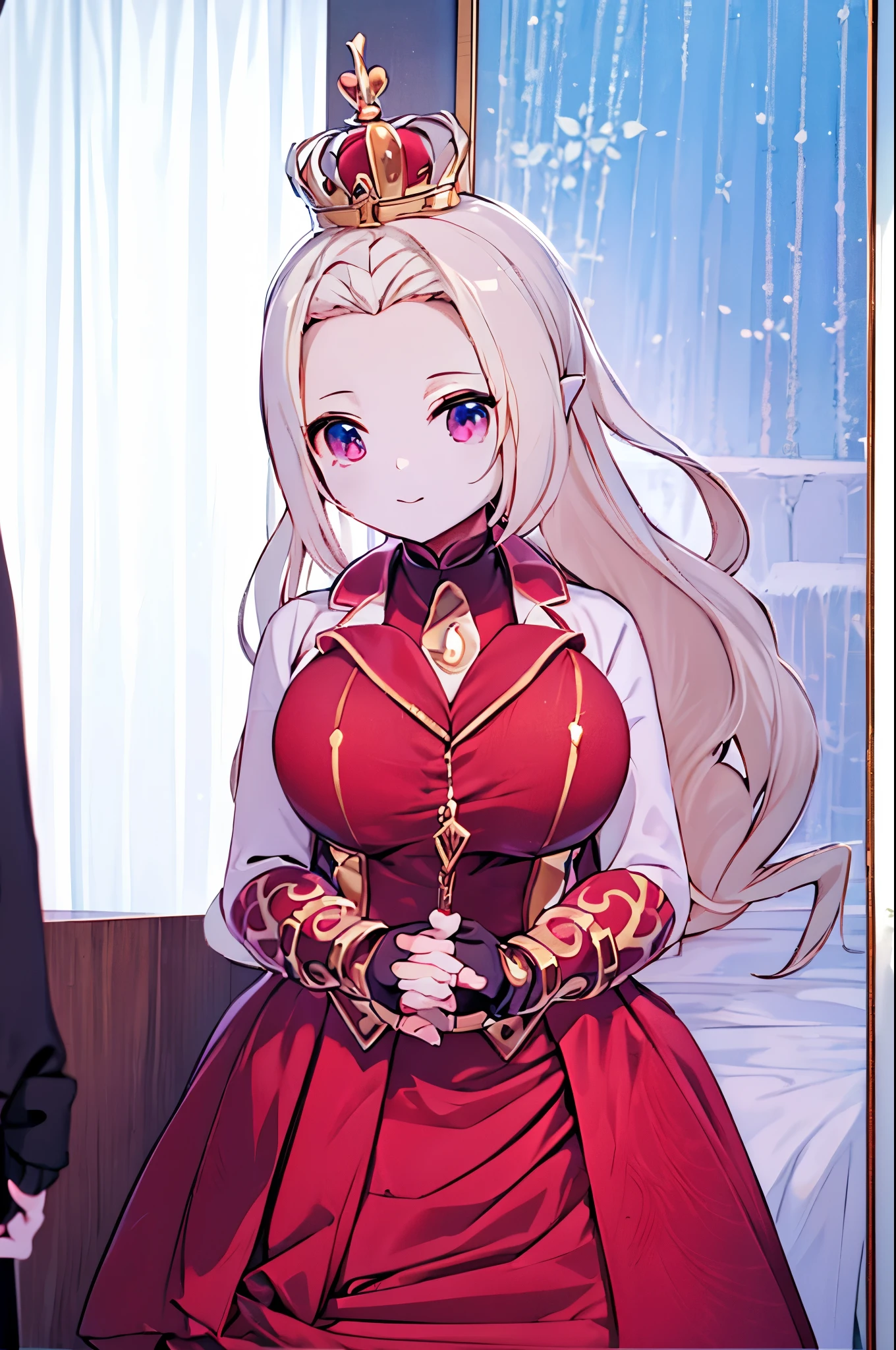 Princess，Long blond hair，Golden crown， golden crown ，Hands close up，Fingers interlocked，Red Dress，Red Dress裙，腰部以上close up，close up，Red Dress裙，金色花纹的Red Dress裙，Red gloves，金色花纹的Red gloves，Palace background，Indoor background，Palace background，Palace Background， bedroom background， fingerless gloves