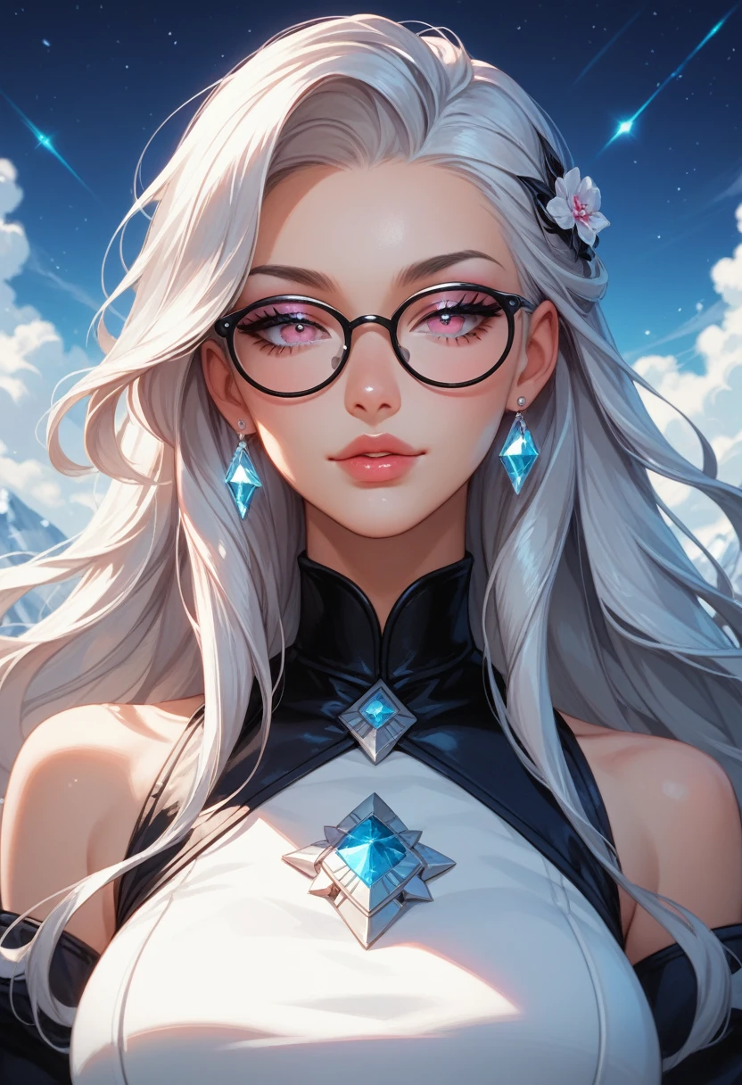 masterpiece, best quality, solo, (upper body:1.1), medium breasts, 1girl, solo, (ruffling hair, messy hair:1.1), medium hair, white hair, melhor qualidade, ultra detalhado, 1girl, solo, cabelos medianos, franja contundente, doesn't look at the viewer, round sunglasses, pele bonita, dramatic lighting, alta qualidade, perfeccionismo, pele brilhante, corpo todo, both eyes covered, ((perfect hand: 1.2)), brincos, cute lips, rosto bonito, sexy, posando, nariz fofo, fundo noite, roupas bonitas, roupas pretas