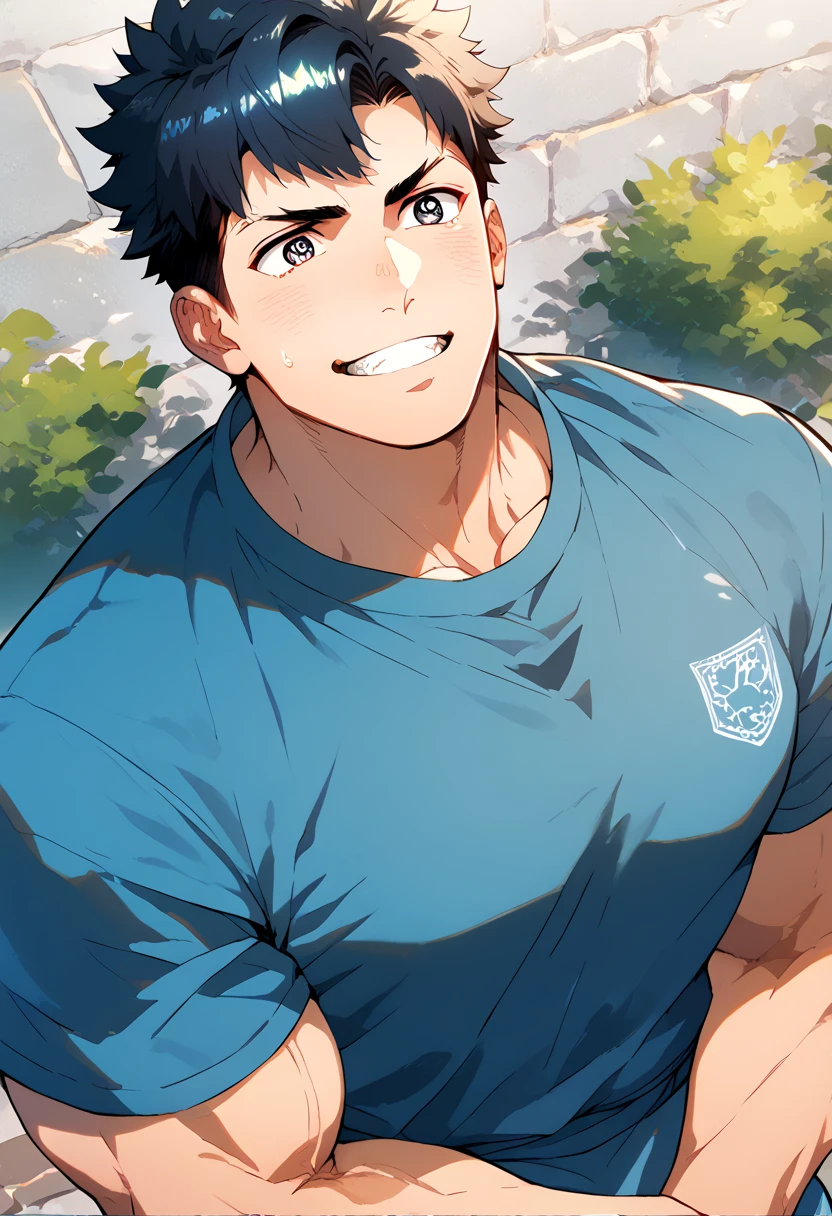 Delicate eyes and delicate face, 1 boy, 18 years old, handsome face, pure and cute face, Detailed face, Kindergarten teacher, Casual checks shirt and apron, cute, Male focus, muscular, muscular male, Chest muscles, black short hair, black eyes, detailed eyes, Sole, Solitary, Full upper body angle