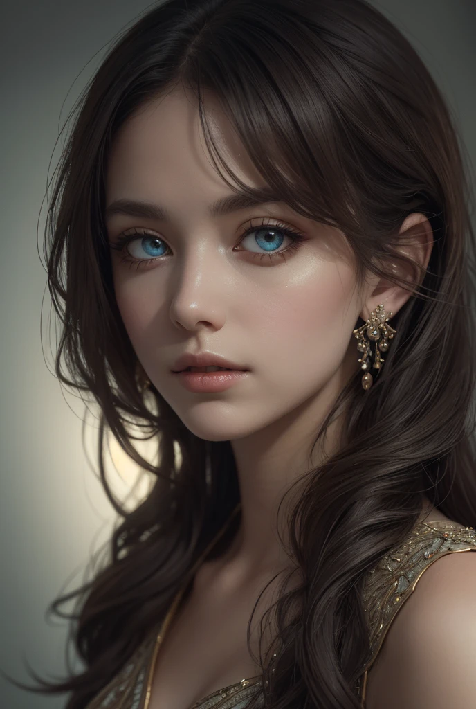 (Best quality, 4K, 8K, A high resolution, Masterpiece:1.2), Ultra-detailed, Realistic portrait, Beautifully detailed eyes, beautiful detailed lips, Detailed expression, Graceful posture, subtly lit, Dreamy atmosphere, Dark-toned background, expressive brush strokes, mystical ambiance, Artistic interpretation, Stunning costumes, a whimsical illustration, Subtle colors and tones, mystical aura,Soft lighting, Details have been upgraded