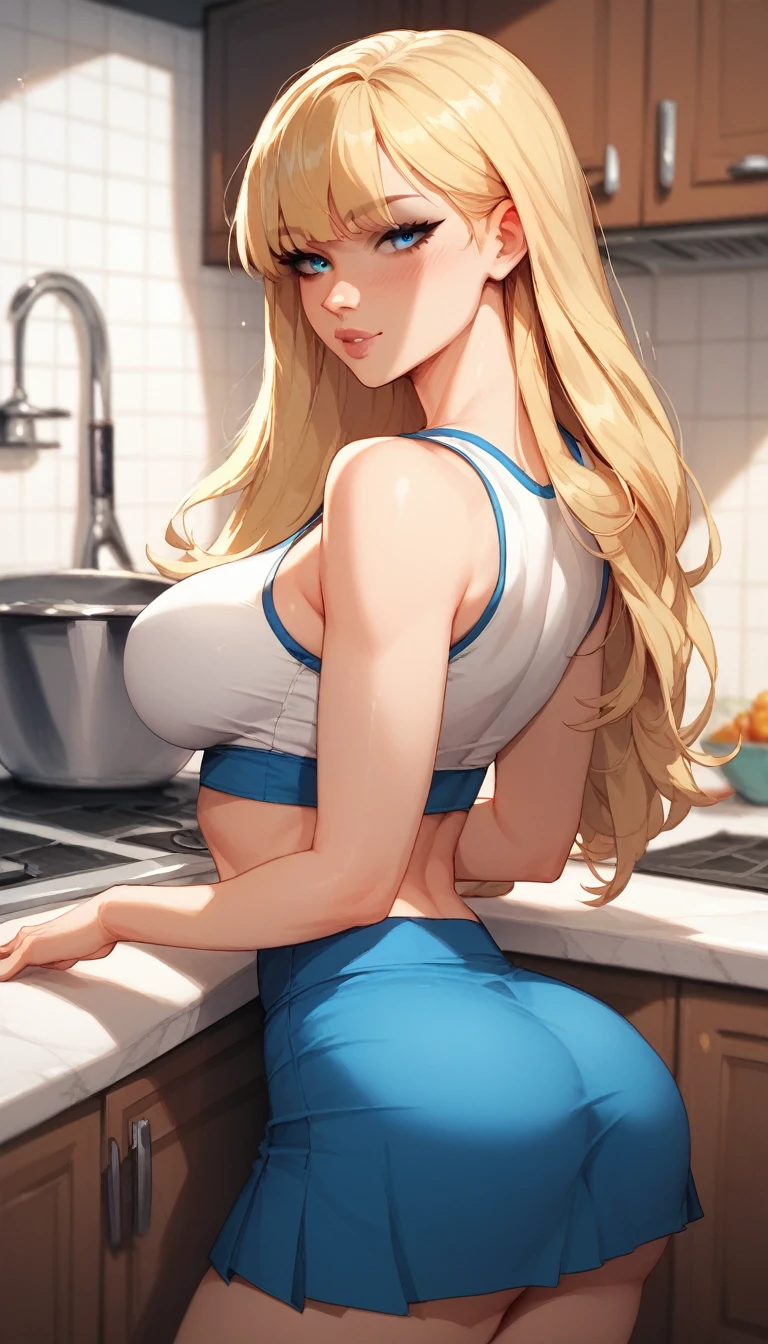 1girl, long blonde hair, straight bangs, blue eyes, wearing tight white cropped top, blue skirt, in kitchen, sexy pose