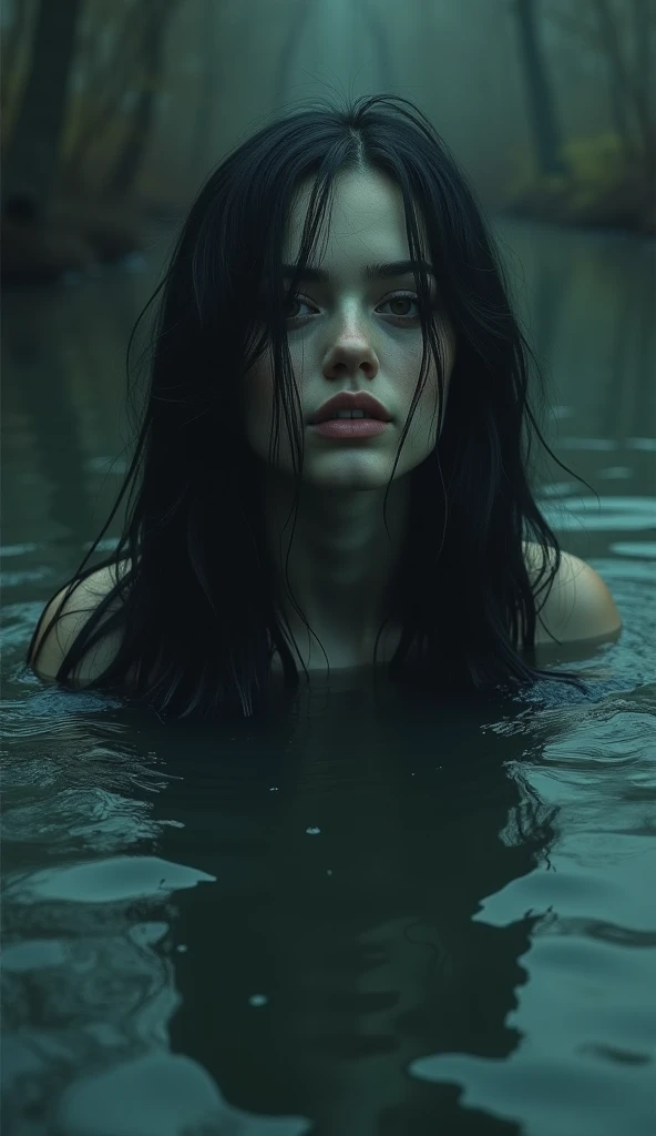 Photorealism 1.4 realistic women came out from the water face covered with hair scary face dark background