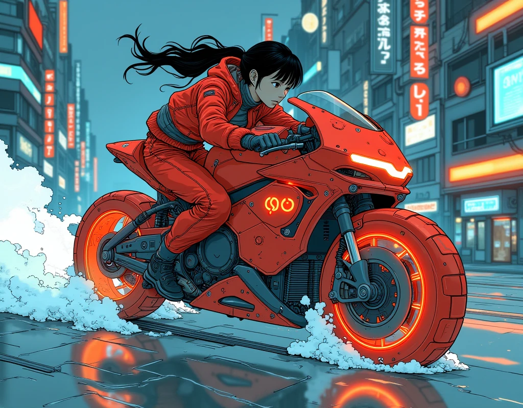  Cyber City , Bike\ streamlined body \ seat with integrated backrest to rear cowl\deep red\光電子Bike\ブレードランナーのようなBike,  A scene where they slide and stop while putting their feet on the ground toward the back:1.3, Bikeに乗った黒髪の少年\Red jacket and pants :1.3,  Dynamic Performance , White smoke generated from tires , (((UHD, masterpiece, anatomically correct, super detail, high details, best quality,  highres icon, 16k, wallpaper)))