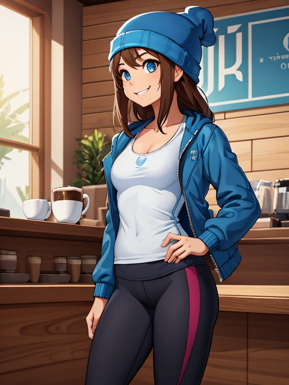 (masterpiece:1.2), best quality, high resolution, unity 8k wallpaper, (illustration:0.8), 1 girl, solo, brown hair, blue eyes. (Wearing: Blue Beanie, Blue jacket, white tank-top, Lululemon branded black leggings). She has a carefree smile on her face; she's standing. Indoors, in a coffee shop
