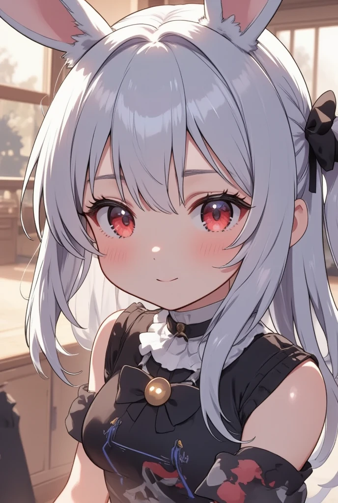 ( best quality, very detailed depiction, incredible high resolution),白いJapanese white radishを持っている女の子:2.0,( smaller,Blue Hair, very long hair,bangs,Bunny ears,Red eyes,Big Eyes,Smiling Face,Big hair ribbon,白いJapanese white radish:2.0,手で白いJapanese white radishを掴んでいる:2.0,Japanese white radishの緑の葉っぱ,Japanese white radish:2.0), full body image ,High quality anime drawings