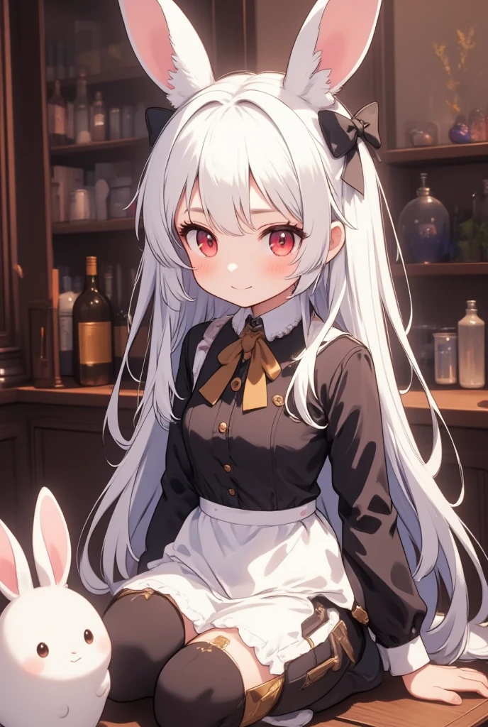 ( best quality, very detailed depiction, incredible high resolution),白いJapanese white radishを持っている女の子:2.0,( smaller,Blue Hair, very long hair,bangs,Bunny ears,Red eyes,Big Eyes,Smiling Face,Big hair ribbon,白いJapanese white radish:2.0,手で白いJapanese white radishを掴んでいる:2.0,Japanese white radishの緑の葉っぱ,Japanese white radish:2.0), full body image ,High quality anime drawings