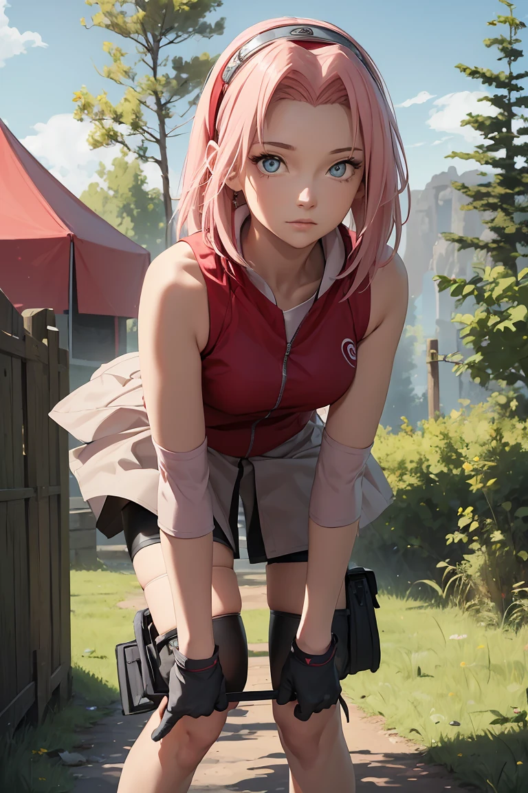 ((best quality)), (( masterpiece)), (detailed),  Perfect Face ((best quality)), (( masterpiece)), (detailed),  Perfect Face (best quality)), (( masterpiece)), (detailed),  Perfect Face (best quality)), (( masterpiece)), (detailed),  Perfect Face ,stunning realistic, photorealistic, photorealism, 1 sakura Haruno,standing in a tent,arsm behind back,full body perfect composition,wearnig skirt,3D,tight bike shorts view,focus on bike shorts,tightly wear bike shorts on legs,under skirt view,skirt in air flying,bike shorts focus under legs view,bent over view,lower body focus,back body view,focus lower body