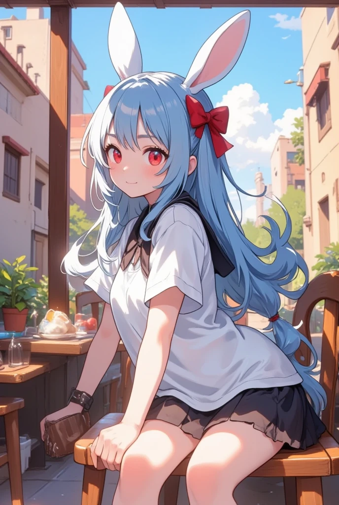 ( best quality, very detailed depiction, incredible high resolution),白いJapanese white radishを持っている女の子:2.0,( smaller,Blue Hair, very long hair,bangs,Bunny ears,Red eyes,Big Eyes,Smiling Face,Big hair ribbon,白いJapanese white radish:2.0,手で白いJapanese white radishを掴んでいる:2.0,Japanese white radishの緑の葉っぱ,Japanese white radish:2.0), full body image ,High quality anime drawings