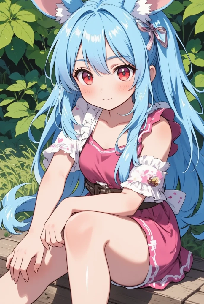 ( best quality, very detailed depiction, incredible high resolution),白いJapanese white radishを持っている女の子:2.0,( smaller,Blue Hair, very long hair,bangs,Bunny ears,Red eyes,Big Eyes,Smiling Face,Big hair ribbon,白いJapanese white radish:2.0,手で白いJapanese white radishを掴んでいる:2.0,Japanese white radishの緑の葉っぱ,Japanese white radish:2.0), full body image ,High quality anime drawings