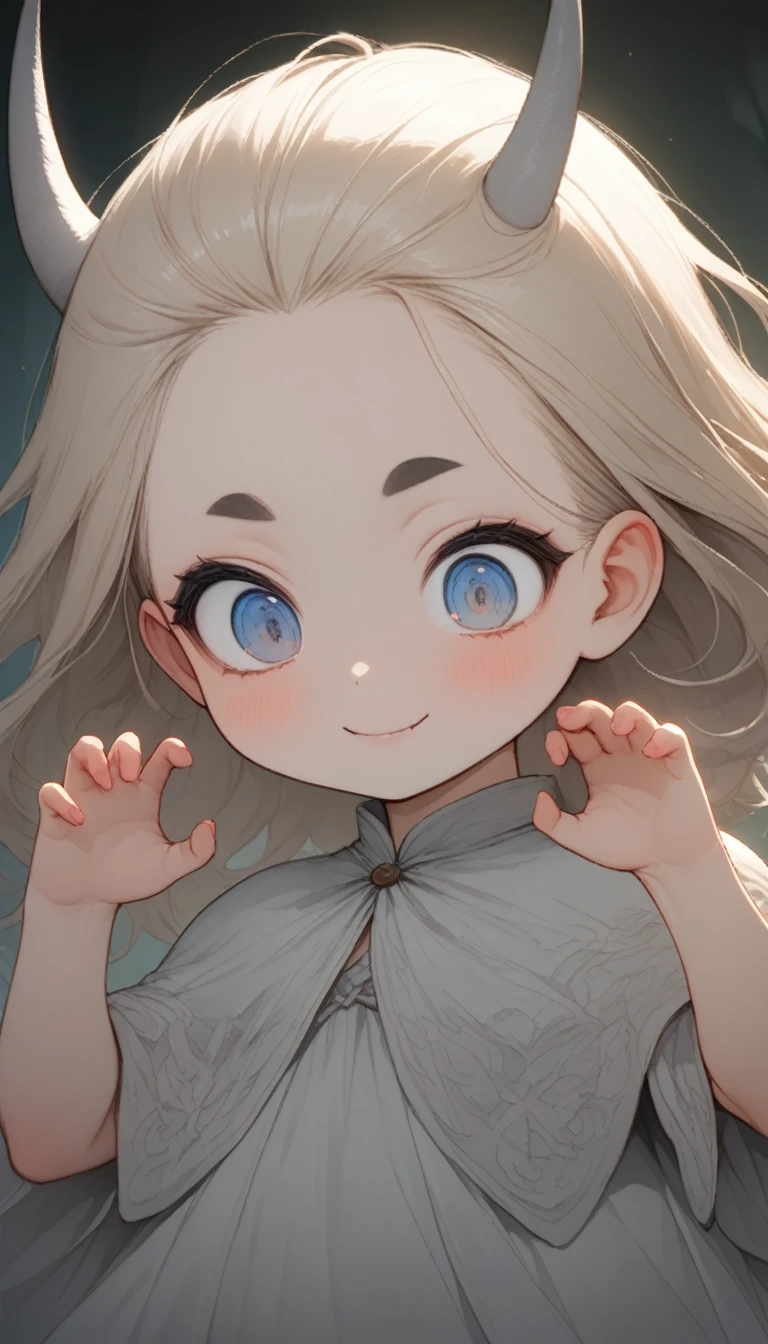 hzk,(Top quality masterpiece),detailed,ultra detailed,hyper detailed,insanely detailed,Exquisite,Beautiful Full HD,16k,cute,Fantasy,Soft line design,Soft　Surface,Simple line drawing,The best light, depth of border described,BREAK,
(10yo),skinny,flat chested,(forehead,hair slicked back:1.3),Beautiful blonde hair,(blue eyes),(black nodoka glasses),thick bluish eyeshadow, thin eyebrows, thick black eyeliner, Highlighted eyes with eyeliner, false eyelashes,BREAK,
(two long horns on head),cute,(looking down herself:1.3),wearing capelet\((very big:1.5),(very long:1.3),(traditional_patterned:1.2)\),BREAK,
(evil smile:1.2),(claw pose:1.2),facing viewer