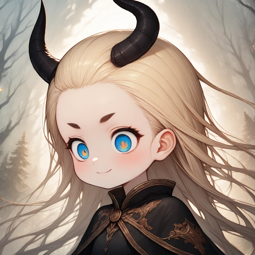 hzk,(Top quality masterpiece),detailed,ultra detailed,hyper detailed,insanely detailed,Exquisite,Beautiful Full HD,16k,cute,Fantasy,Soft line design,Soft　Surface,Simple line drawing,The best light, depth of border described,BREAK,
(10yo),skinny,flat chested,(forehead,hair slicked back:1.3),Beautiful blonde hair,(blue eyes),(black nodoka glasses),thick bluish eyeshadow, thin eyebrows, thick black eyeliner, Highlighted eyes with eyeliner, false eyelashes,BREAK,
(two long horns on head),cute,(looking down herself:1.3),wearing capelet\((very big:1.5),(very long:1.3),(traditional_patterned:1.2)\),BREAK,
(evil smile:1.2),(claw pose:1.2),facing viewer