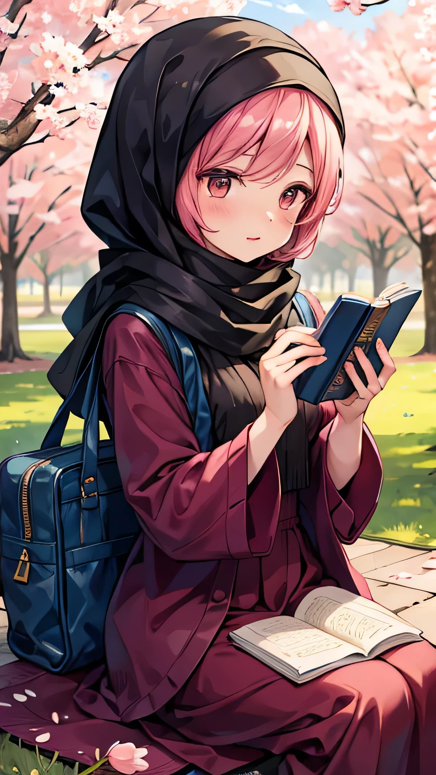 Picture a serene garden with a hijabi girl sitting on a rustic wooden bench. She's surrounded by vibrant blooms of various colors, and she's holding a book in her hands. The gentle breeze rustles the leaves and causes her hijab to gently sway as she enjoys the tranquility of the natural surroundings