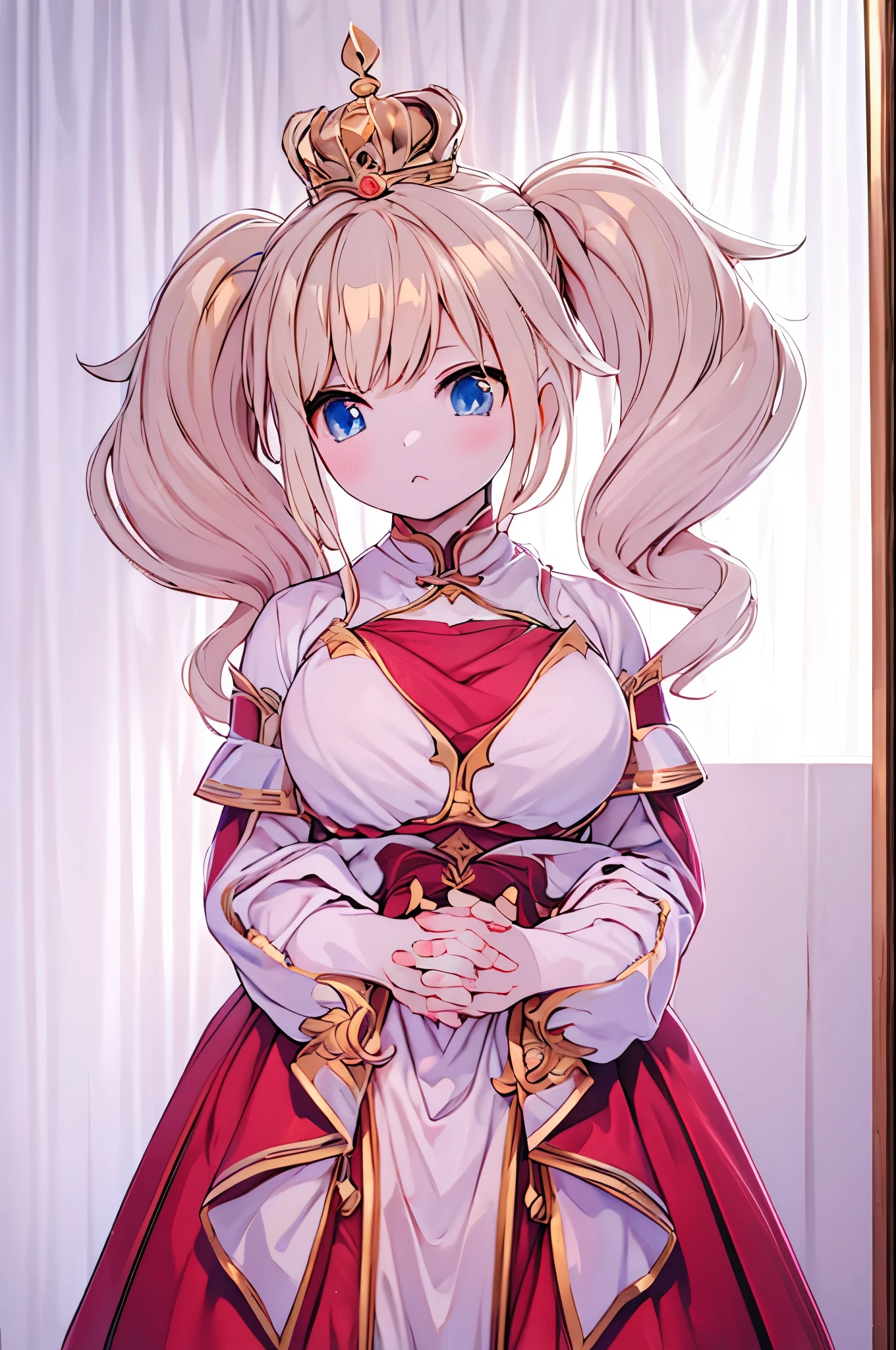 Princess，Long blond hair，Blonde twin tails，Loli，Big breasted Loli ，Golden crown， golden crown ，Hands close up，Fingers interlocked，Red Dress，Red Dress裙，腰部以上close up，close up，Red Dress裙，金色花纹的Red Dress裙，Red long sleeve，long sleeve with gold pattern，Palace background，Indoor background，Palace background，Palace Background， bedroom background，