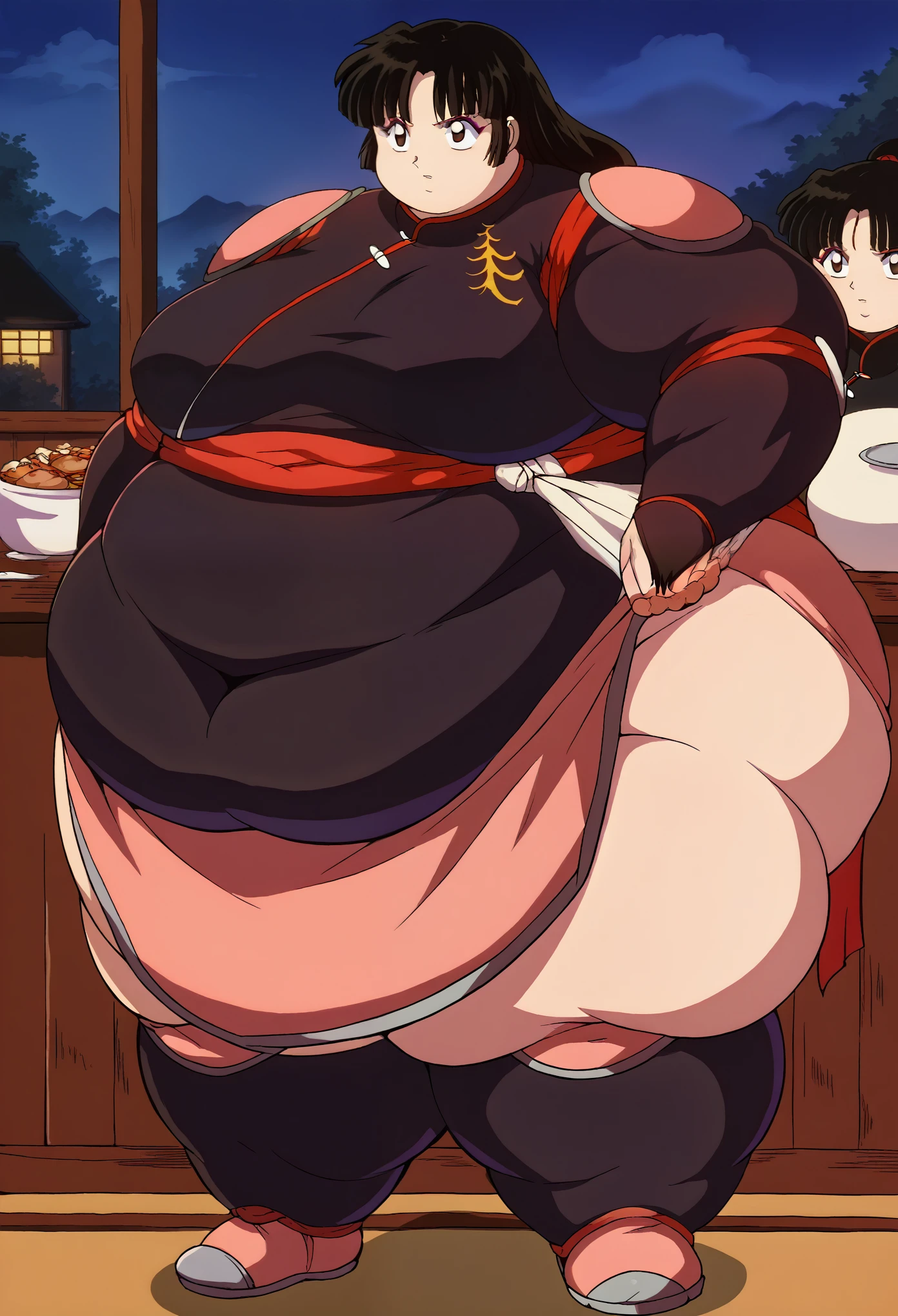 score_9, score_8_up, score_7_up, source_anime BREAK 1girl, solo,  Sango, long hair, black hair, brown eyes, bangs, brown eyes, restaurant, night, fat, chubby, obese, gigantic arms and legs, full body shot,obese, red dress  