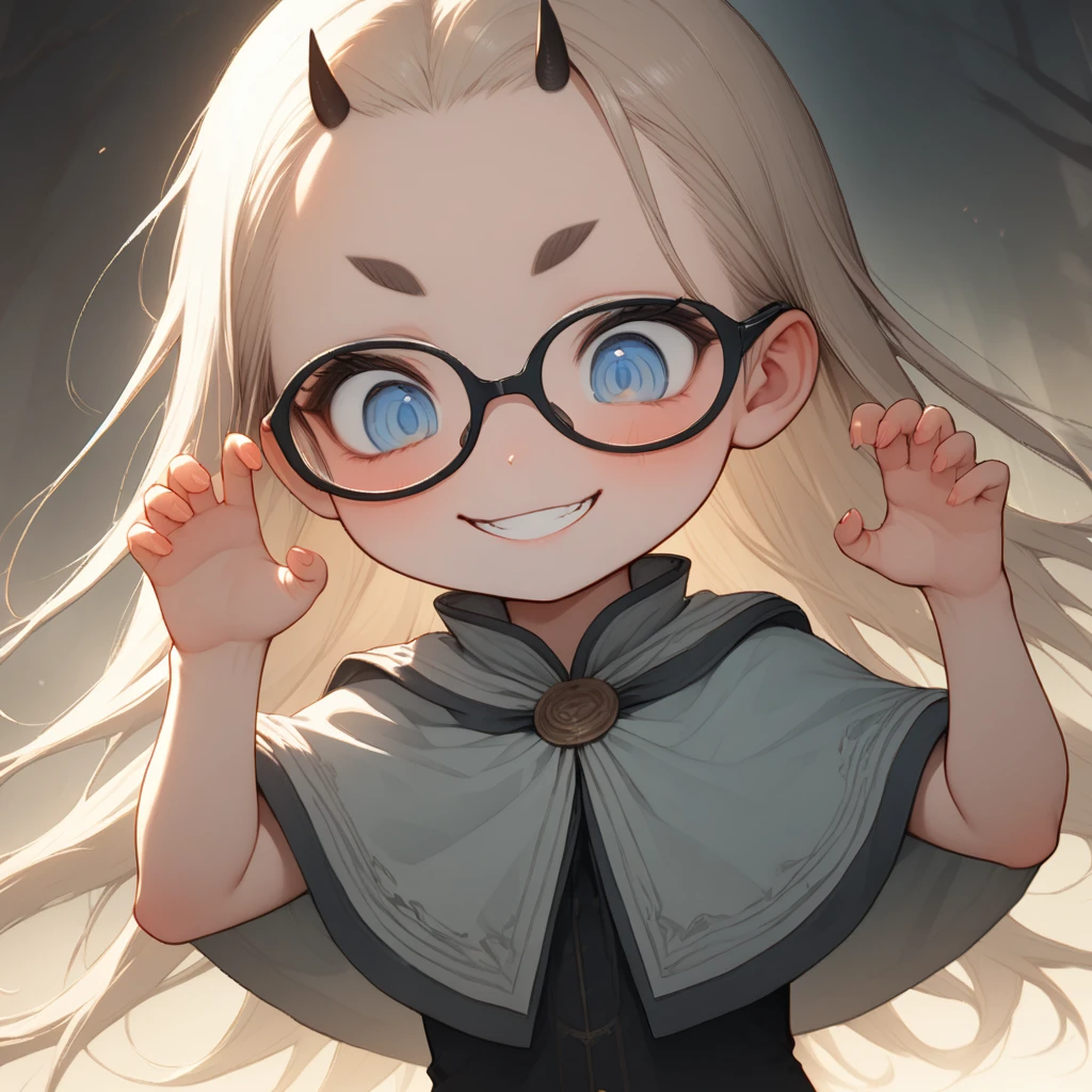 hzk,(Top quality masterpiece),detailed,ultra detailed,hyper detailed,insanely detailed,Exquisite,Beautiful Full HD,16k,cute,Fantasy,Soft line design,Soft　Surface,Simple line drawing,The best light, depth of border described,BREAK,
(10yo),skinny,flat chested,(forehead,hair slicked back:1.3),Beautiful blonde hair,(blue eyes),(black nodoka glasses),thick bluish eyeshadow, thin eyebrows, thick black eyeliner, Highlighted eyes with eyeliner, false eyelashes,BREAK,
(two long horns on head),cute,(looking down herself:1.3),wearing capelet\((very big:1.5),(very long:1.3),(traditional_patterned:1.2)\),BREAK,
(evil smile:1.2),(claw pose:1.2),facing viewer