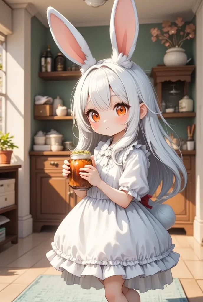 ( best quality, very detailed depiction, incredible high resolution),白いJapanese white radishを持っている***:2.0,( smaller,Blue Hair, very long hair,bangs,Bunny ears,Red eyes,Big Eyes,Smiling Face,Big hair ribbon,白いJapanese white radish:2.0,手で白いJapanese white radishを掴んでいる:2.0,Japanese white radishの緑の葉っぱ,Japanese white radish:2.0), full body image ,High quality anime drawings