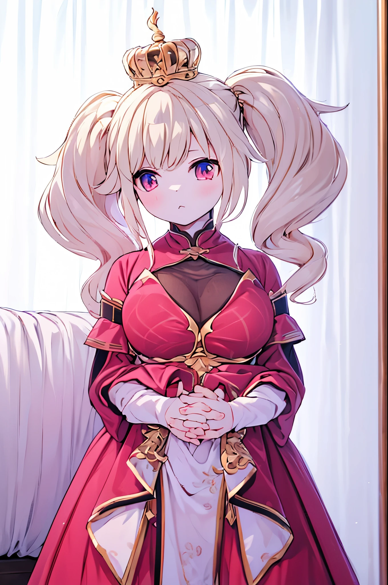 Princess，Long blond hair，Blonde twin tails，****，Big breasted **** ，Golden crown， golden crown ，Hands close up，Fingers interlocked，Red Dress，Red Dress裙，腰部以上close up，close up，Red Dress裙，金色花纹的Red Dress裙，Red long sleeve，long sleeve with gold pattern，Palace background，Indoor background，Palace background，Palace Background， bedroom background，