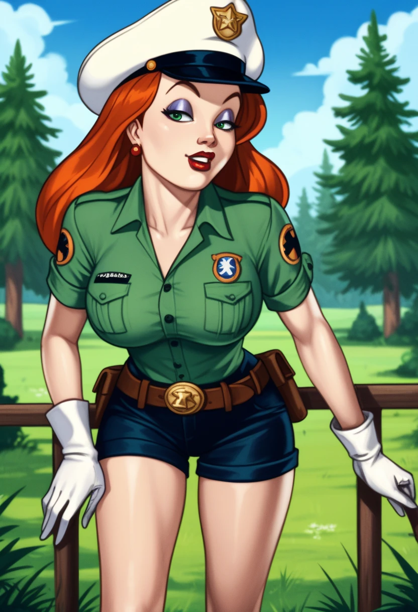 masterpiece, best quality,
1girl, jessicaranger, orange hair, long hair, green eyes, hat, green shirt, short sleeves, shorts, belt, white gloves, lipstick, makeup, ranger uniform,
leaning forward, breasts focus, solo, looking at viewer, blue sky, grass, trees, forest background   