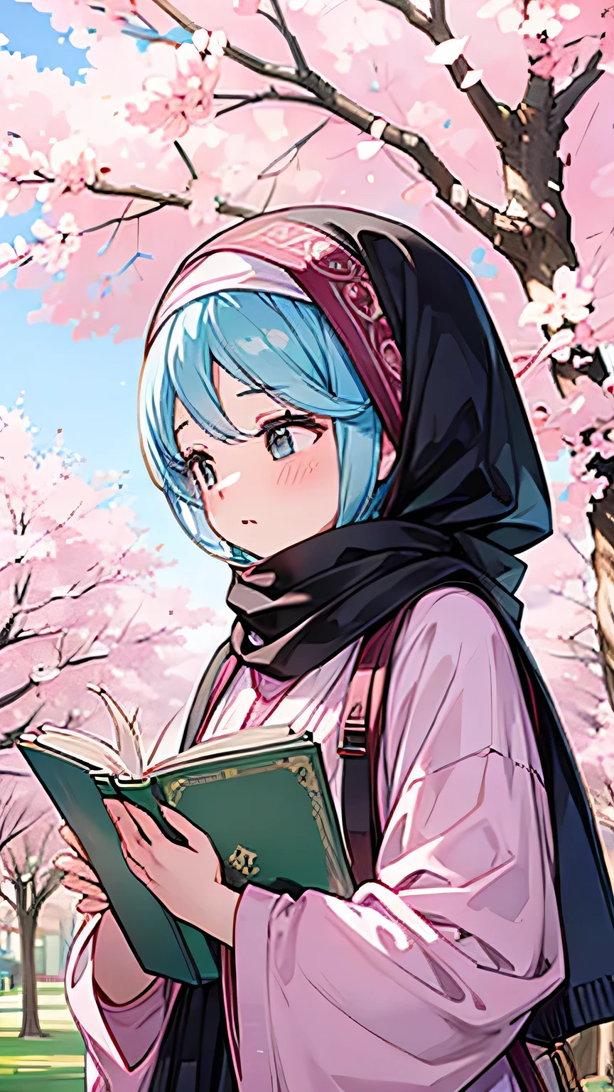 A woman wearing a headscarf reads the Quran beside a cherry blossom tree.