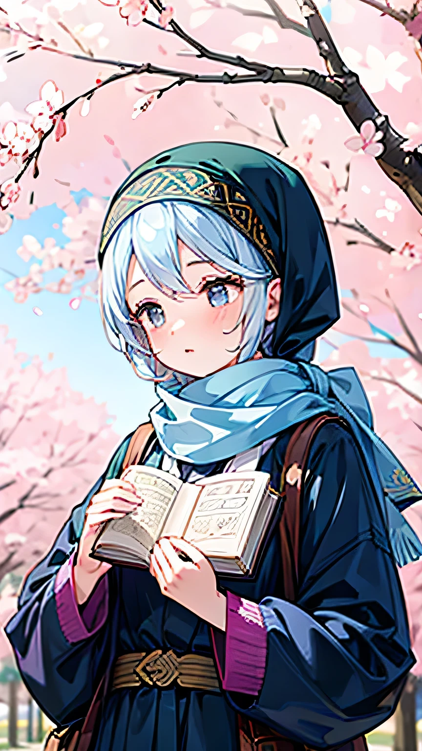 A woman wearing a headscarf reads the Quran beside a cherry blossom tree.
