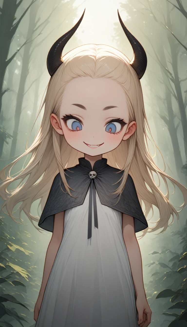 hzk,(Top quality masterpiece),detailed,ultra detailed,hyper detailed,insanely detailed,Exquisite,Beautiful Full HD,16k,cute,Fantasy,Soft line design,Soft　Surface,Simple line drawing,The best light, depth of border described,BREAK,
(10yo),skinny,flat chested,(forehead,hair slicked back:1.3),Beautiful blonde hair,(blue eyes),(black nodoka glasses),thick bluish eyeshadow, thin eyebrows, thick black eyeliner, Highlighted eyes with eyeliner, false eyelashes,BREAK,
(two long horns on head),cute,(looking down herself:1.3),wearing capelet\((very big:1.5),(very long:1.3),(traditional_patterned:1.2)\),BREAK,
(evil smile:1.2),(claw pose:1.2),facing viewer