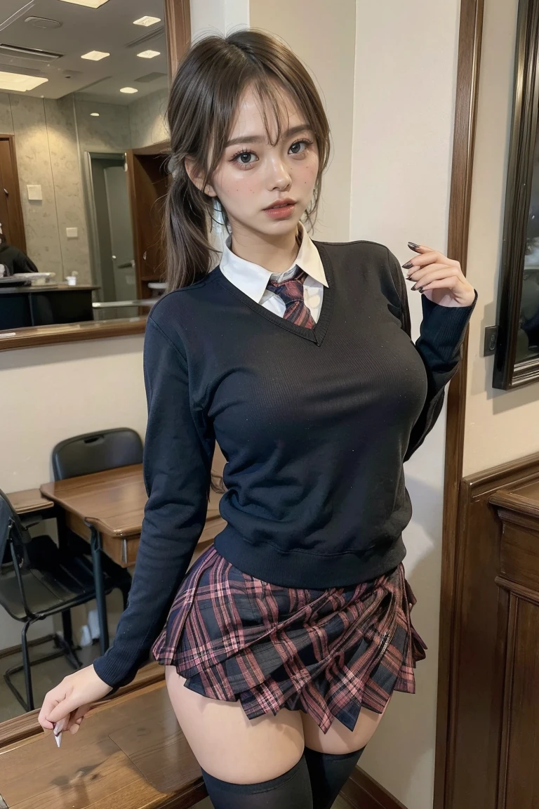 masterpiece, best quality, illustration, Super detailed, fine details, High resolution, 8K,wall paper, perfect dynamic composition,(Details High quality, realistic depiction of eyes:1.3), standing, full body, (school uniform:1.2), (plaid skirt :1.3), tie black, black thigh-high stockings, twin tails, in a hotel room in the background, deep on field, large breasts, cleavage, (perfect body shape), beautiful legs, 