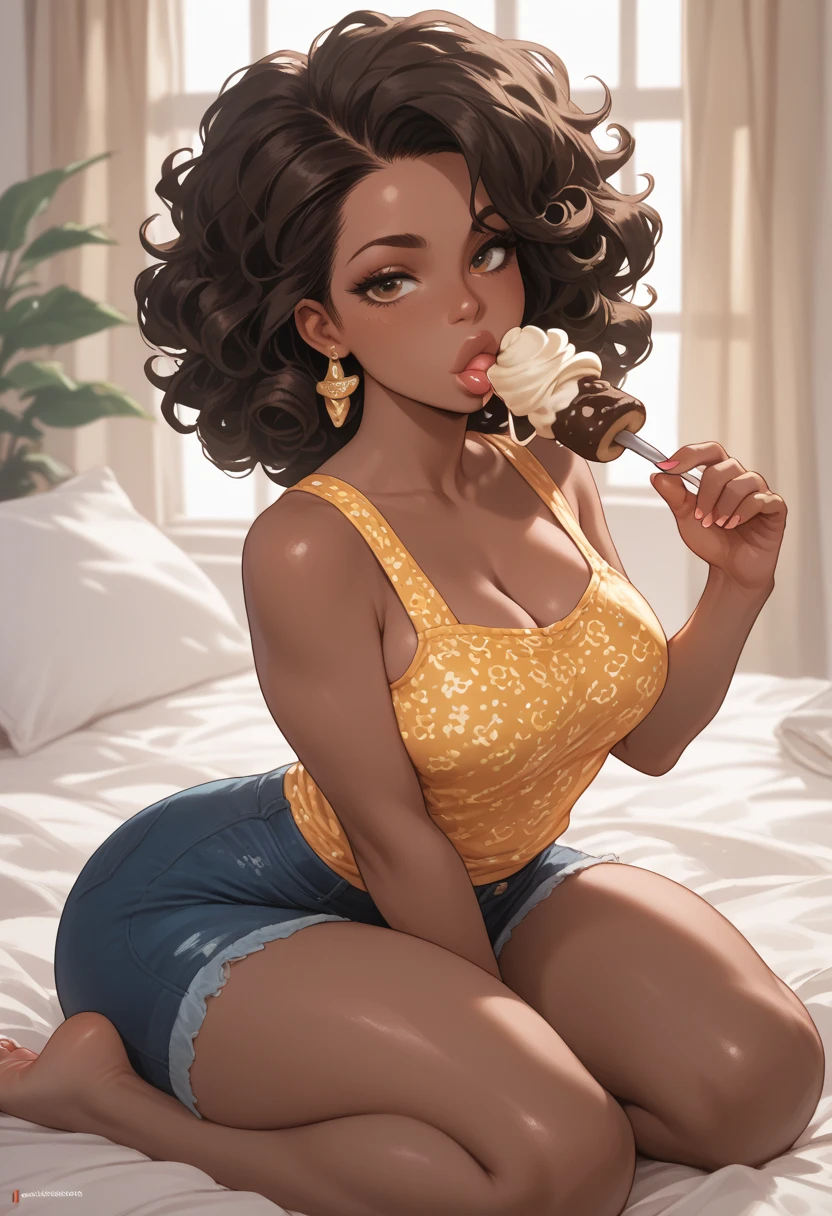 Almond-eyed Dark Mocha-skin tonned African-American woman with Short dark curly hair, juicy lips, a large chest, thick thighs, Perfect hands, and perfect feet . She Is wearing nothing but a Ribbon and she is eating cream 