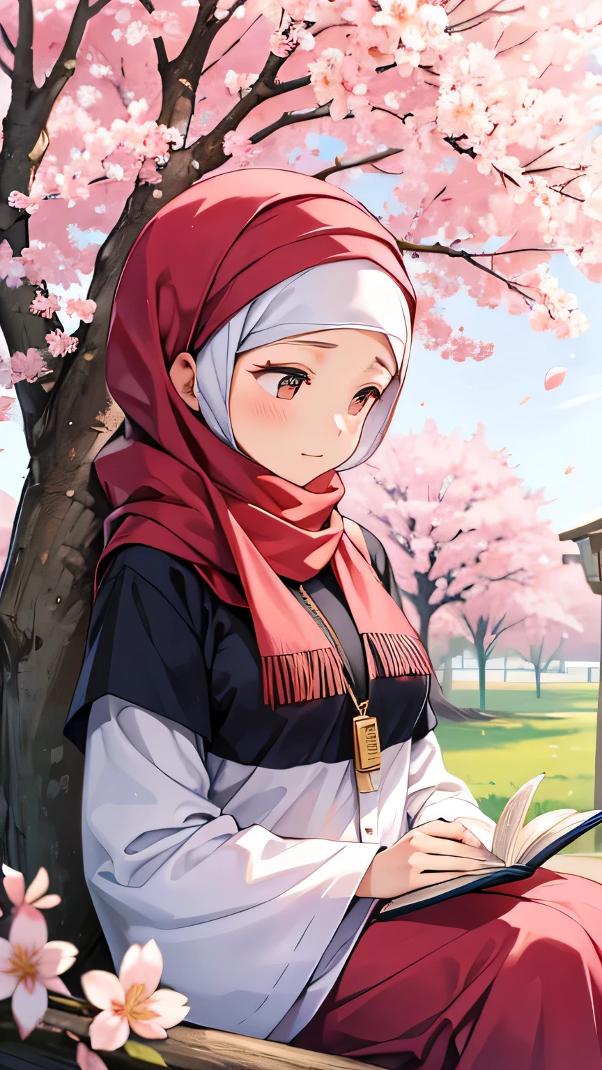 A woman wearing a headscarf reads the Quran beside a cherry blossom tree.