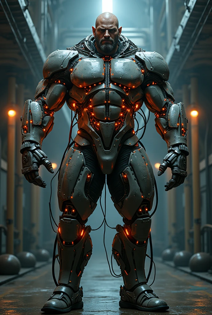 Breathtaking full body photo, full body, broken, (hacked arm: 1.4), front viewer, (Looking at viewer: 1.4), dynamic pose, reelmech, (mechanical parts: 1.5), missing parts, dirty, oil leak, (damaged: 1.3), 45 year old man with large full beard, athletic skin face, damaged skin eye socket, damaged skin cheek, work of art, award winning, professional, highly detailed