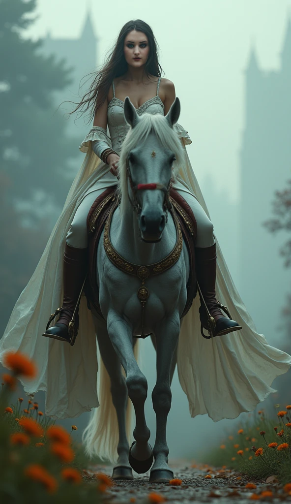 ((masterpiece, highest quality, highest image quality, high resolution, photorealistic, raw photo, extremely detailed 8k unified CG wallpaper)), (huge stunning goddess photo, very hot and sexy, beauty of jaw-dropping, perfect proportions, beautiful body, slender body beauty: 1.4), Ancient bridge in the fog, medieval Europe, a woman riding a horse to the coronation site, spectators throw flowers at her, her beautiful face is facing forward,