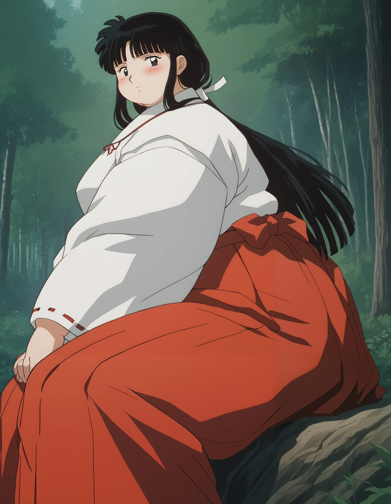 score_9, score_8_up, score_7_up, source_anime,
Kikyou, long hair, black hair, retro artstyle, black eyes, blush,
 skirt, long sleeves, japanese clothes, hakama, hakama skirt, miko, red hakama, 
outdoors, forest, nature,
looking at viewer,  fat, chubby, obese, gigantic arms and legs,   perfect quality, detailed face, sitting, side view