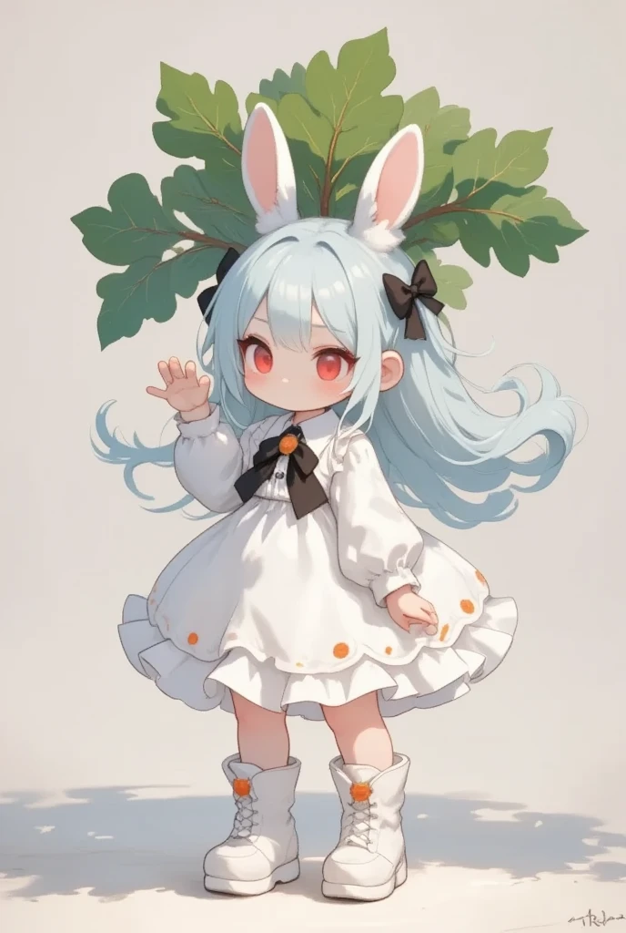 ( best quality, very detailed depiction, incredible high resolution),White radish を持っている***:2.0,( smaller,Blue Hair, very long hair ,bangs,Bunny ears,Red eyes,Big Eyes,Smiling Face,Big hair ribbon),(White radish :2.0,手でWhite radish を掴んでいる:2.0,Green radish leaves ,可愛い形のWhite radish :2.0,テーブルに置かれたWhite radish :2.0), full body image ,High quality anime drawings