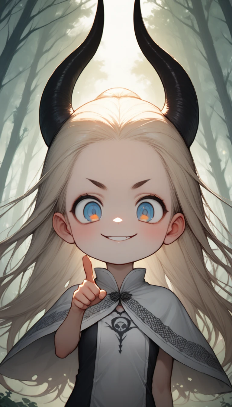 hzk,(Top quality masterpiece),detailed,ultra detailed,hyper detailed,insanely detailed,Exquisite,Beautiful Full HD,16k,cute,Fantasy,Soft line design,Soft　Surface,Simple line drawing,The best light, depth of border described,BREAK,
(10yo),skinny,flat chested,(forehead,hair slicked back:1.3),Beautiful blonde hair,(blue eyes),(black nodoka glasses),thick bluish eyeshadow, thin eyebrows, thick black eyeliner, Highlighted eyes with eyeliner, false eyelashes,BREAK,
(two long horns on head),cute,(looking down herself:1.3),wearing capelet\((very big:1.5),(very long:1.3),(traditional_patterned:1.2)\),BREAK,
(evil smile:1.2),(claw pose:1.2),facing viewer