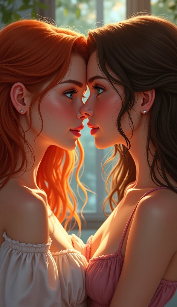 fantastic realism, bokeh,  ultra detailed, 2girls facing each other, chest against chest, kiss, red head and blond girl, underwear, indoors, narrow storage room, detailed background,