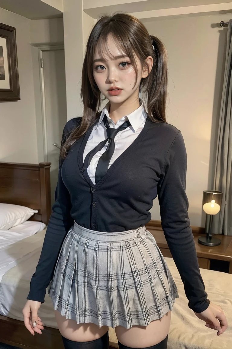 smile, masterpiece, best quality, illustration, Super detailed, fine details, High resolution, 8K,wall paper, perfect dynamic composition,(Details High quality, realistic depiction of eyes:1.3), standing, full body, (school uniform:1.2), (plaid skirt :1.3), tie black, black thigh-high stockings, twin tails, in a hotel room in the background, deep on field, large breasts, ((cleavage)), (perfect body shape), beautiful legs, 