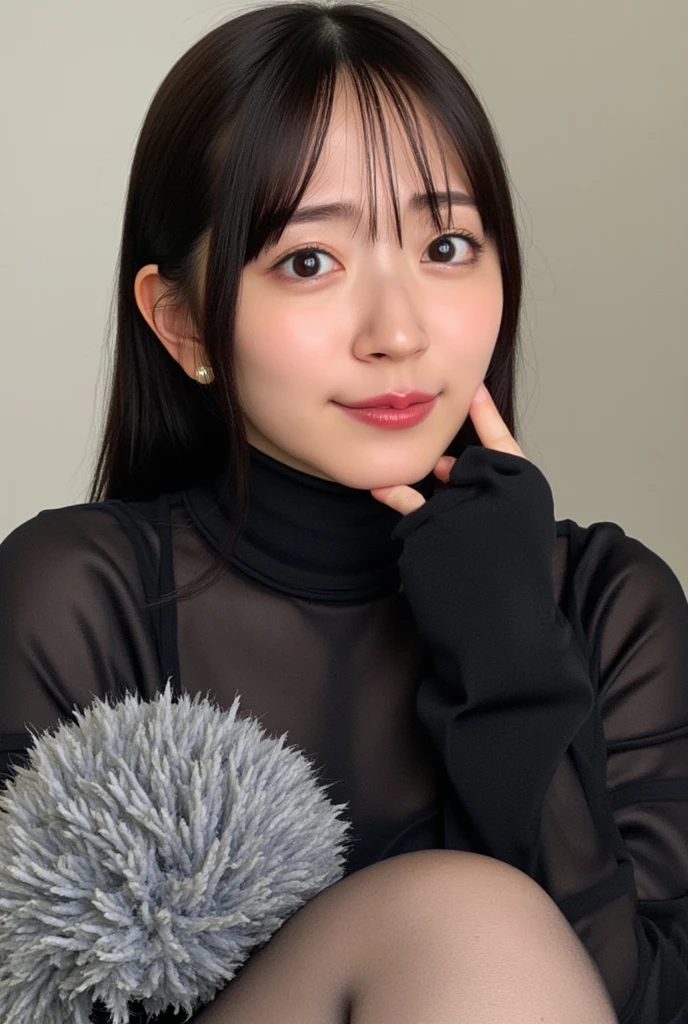 8k, RAW Photo, Best Quality, Masterpiece:1.2),(Realistic, photo-realistic:1.37), Super Detail, She is wearing tight thin fitting transparent black long sleeve turtleneck , no pants, transparent black pantyhose, cinematic lighting, ecstacy face, monotone background, facing front, smiling, portrait, dressed up to the belly button, dressed up to the neck
