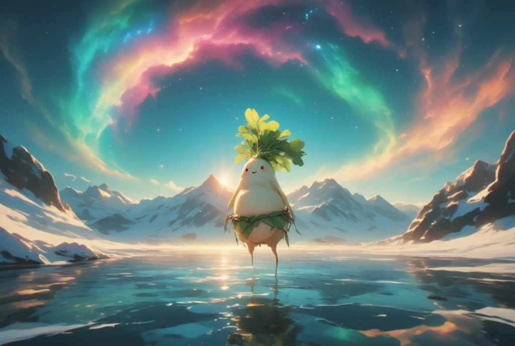 Arctic Landscape,  と夜空に広がるBeautiful Aurora , The brave daikon floating in the Arctic Ocean  ,(Daikon character  :Bikini Wear:The texture of daikon :A little cute :Charming),  Aurora's cloak :1.3\ that cloak is an aurora-like cloak shining in the night sky :1.4\Beautiful Aurora:1.4\white、red、 the beautiful color of green is mixed \ An aurora-like cloak\ The color changes constantly \Produce intricate colors :1.3\夜空に輝く An aurora-like cloak:1.5,  Darkness, (( glaciers spread under her feet :1.3, Realistic ice の表現:1.3, Realistic ice )), (((UHD, masterpiece, anatomically correct, super detail, high details, best quality,  highres icon, 8k)))