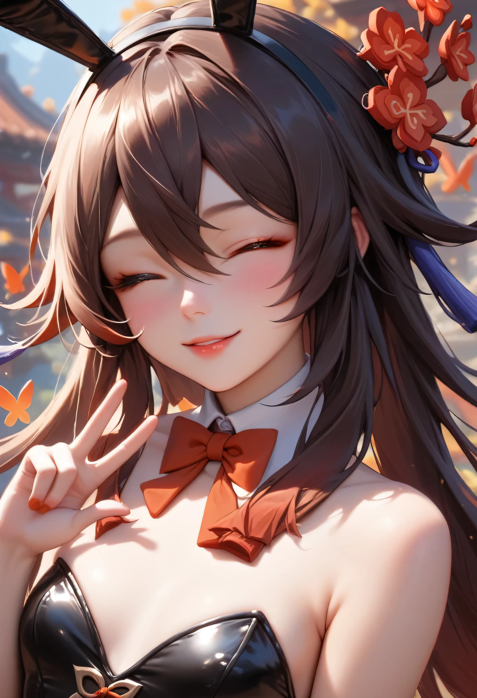 score_9, score_8_up, score_7_up,source_anime, high res image,masterpiece,best quality,girl,cute face,clear skin,hutao_genshin,bunny suit,bust close up,small breast,wink,peace fingers,