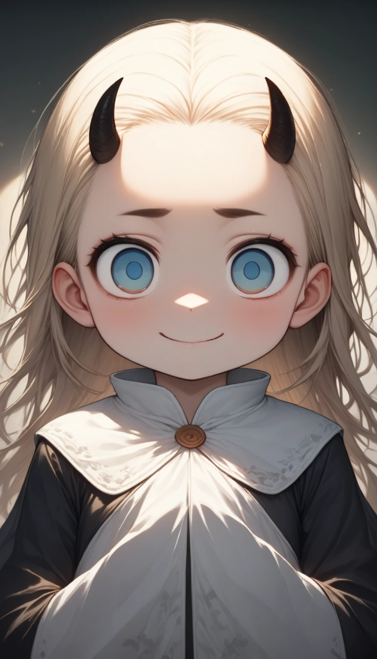 hzk,(Top quality masterpiece),detailed,ultra detailed,hyper detailed,insanely detailed,Exquisite,Beautiful Full HD,16k,cute,Fantasy,Soft line design,Soft　Surface,Simple line drawing,The best light, depth of border described,BREAK,
(10yo),skinny,flat chested,(forehead,hair slicked back:1.3),Beautiful blonde hair,(blue eyes),(black nodoka glasses),thick bluish eyeshadow, thin eyebrows, thick black eyeliner, Highlighted eyes with eyeliner, false eyelashes,BREAK,
(two long horns on head),cute,(looking down herself:1.3),wearing capelet\((very big:1.5),(very long:1.3),(traditional_patterned:1.2)\),BREAK,
(evil smile:1.2),(claw pose:1.2),facing viewer