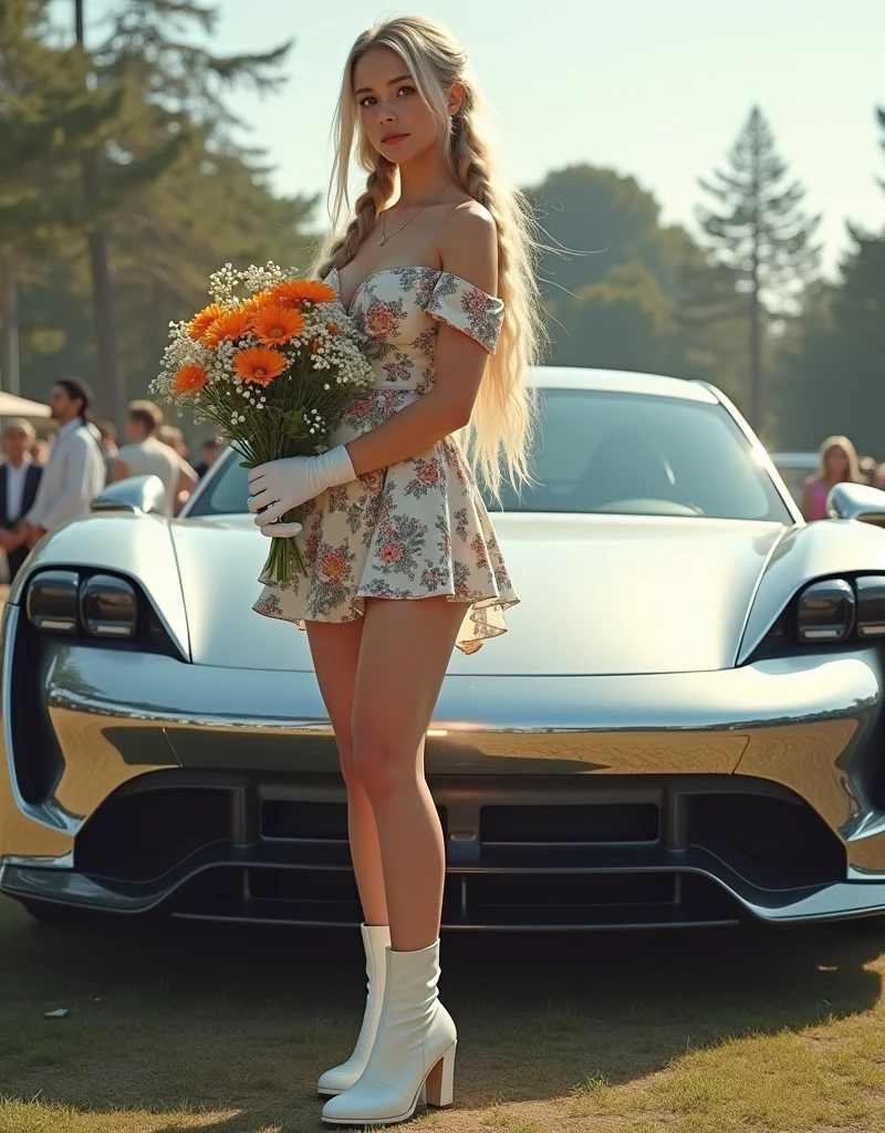 on podium of a competition with a McLaren car in the background, In left side of the car a beautiful young blonde woman present the prize to the winner, Confetti fills the air. A large silver trophy on the floor in front of the woman. Breathtaking realism in ultra-high definition 4K-8K --v 6.0