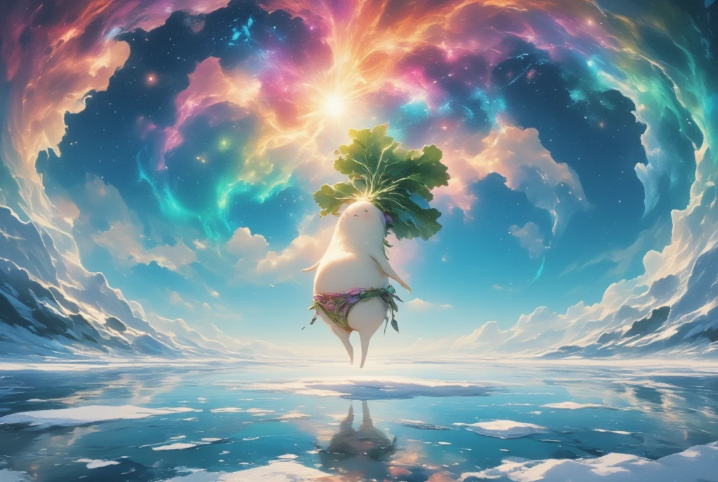 Arctic Landscape,  と夜空に広がるBeautiful Aurora , The brave daikon floating in the Arctic Ocean  ,(Daikon character  :Aurora-colored bikini wear :The texture of daikon :A little cute :Charming),  Aurora's cloak :1.3\ that cloak is an aurora-like cloak shining in the night sky :1.4\Beautiful Aurora:1.4\white、red、 the beautiful color of green is mixed \ An aurora-like cloak\ The color changes constantly \Produce intricate colors :1.3\夜空に輝く An aurora-like cloak:1.5,  Darkness, (( glaciers spread under her feet :1.3, Realistic ice の表現:1.3, Realistic ice )), (((UHD, masterpiece, anatomically correct, super detail, high details, best quality,  highres icon, 8k)))