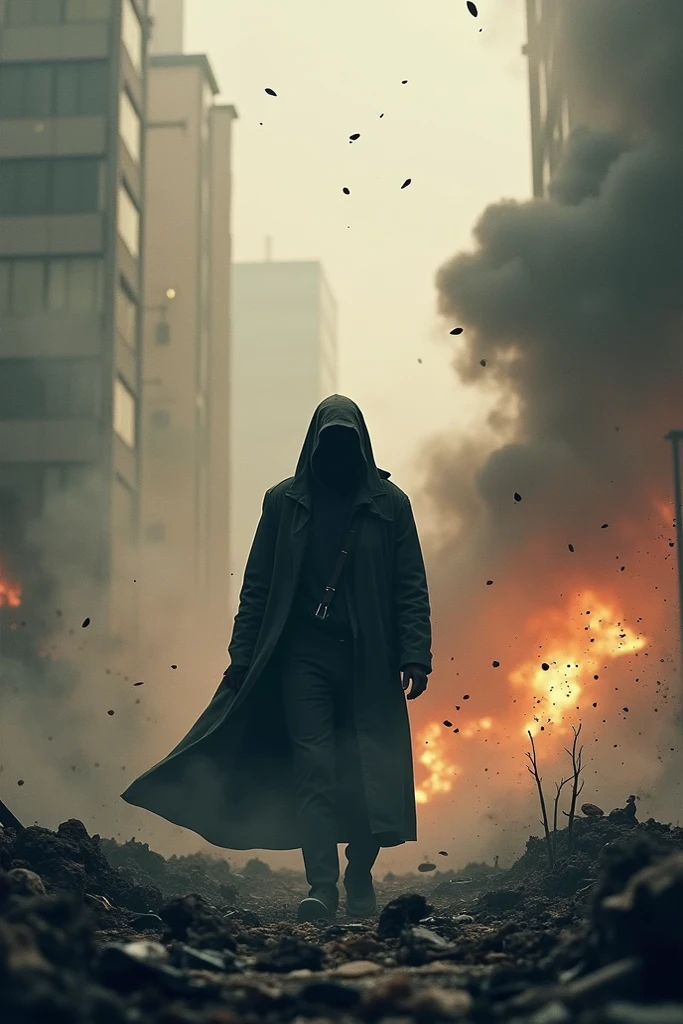 silhouettes of mysterious beings walls in dark blue tones orange smoke looking like a ghost from the past haunting the icy landscape