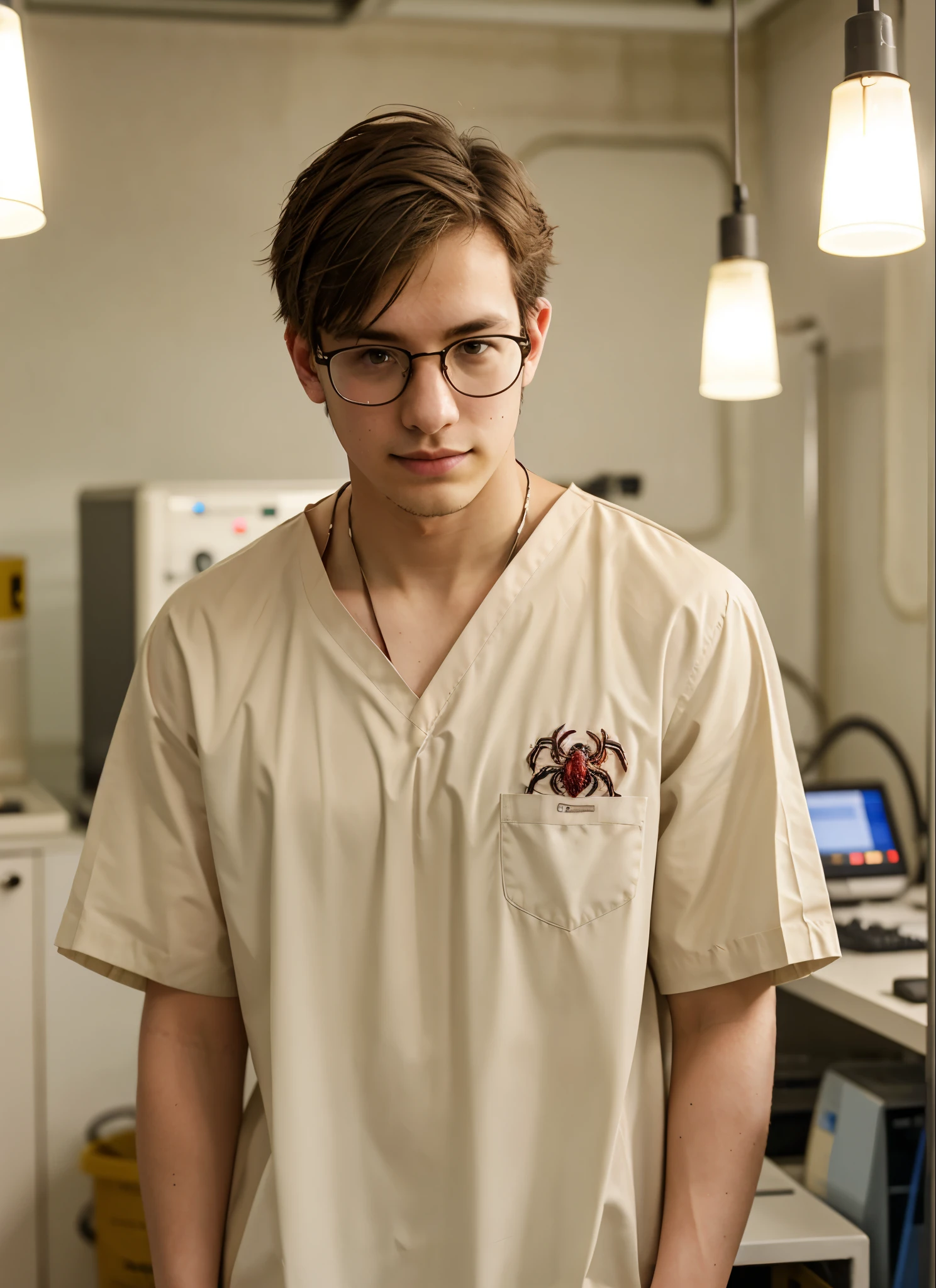 Alone, 1 man,  20 year old ,  full body ,amiseta , Crew Cut toned in white,with a large spider tattoo on her neck,ugly,glasses,lab coat,blouse,  High Technology Laboratory