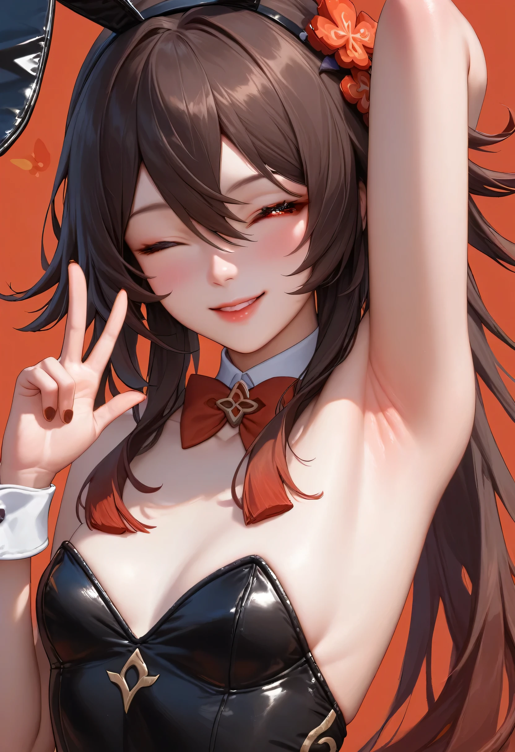 score_9, score_8_up, score_7_up,source_anime, high res image,masterpiece,best quality,girl,cute face,clear skin,hutao_genshin,bunny suit,bust close up,small breast,wink,peace fingers,armpit,