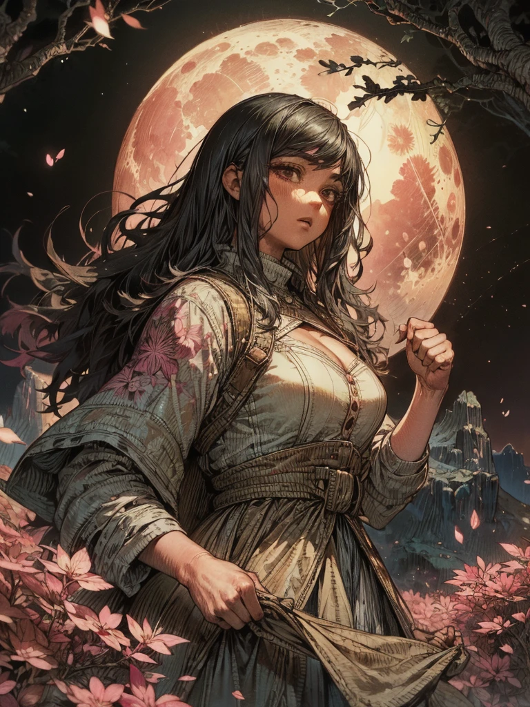 masterpiece, 最 High Quality ,   knight , mountain, full moon,   Long Black Hair , woman,  fireflies, star, Mysterious cherry tree, Pink leaves,  High Quality ,  beautiful graphics ,  high detail